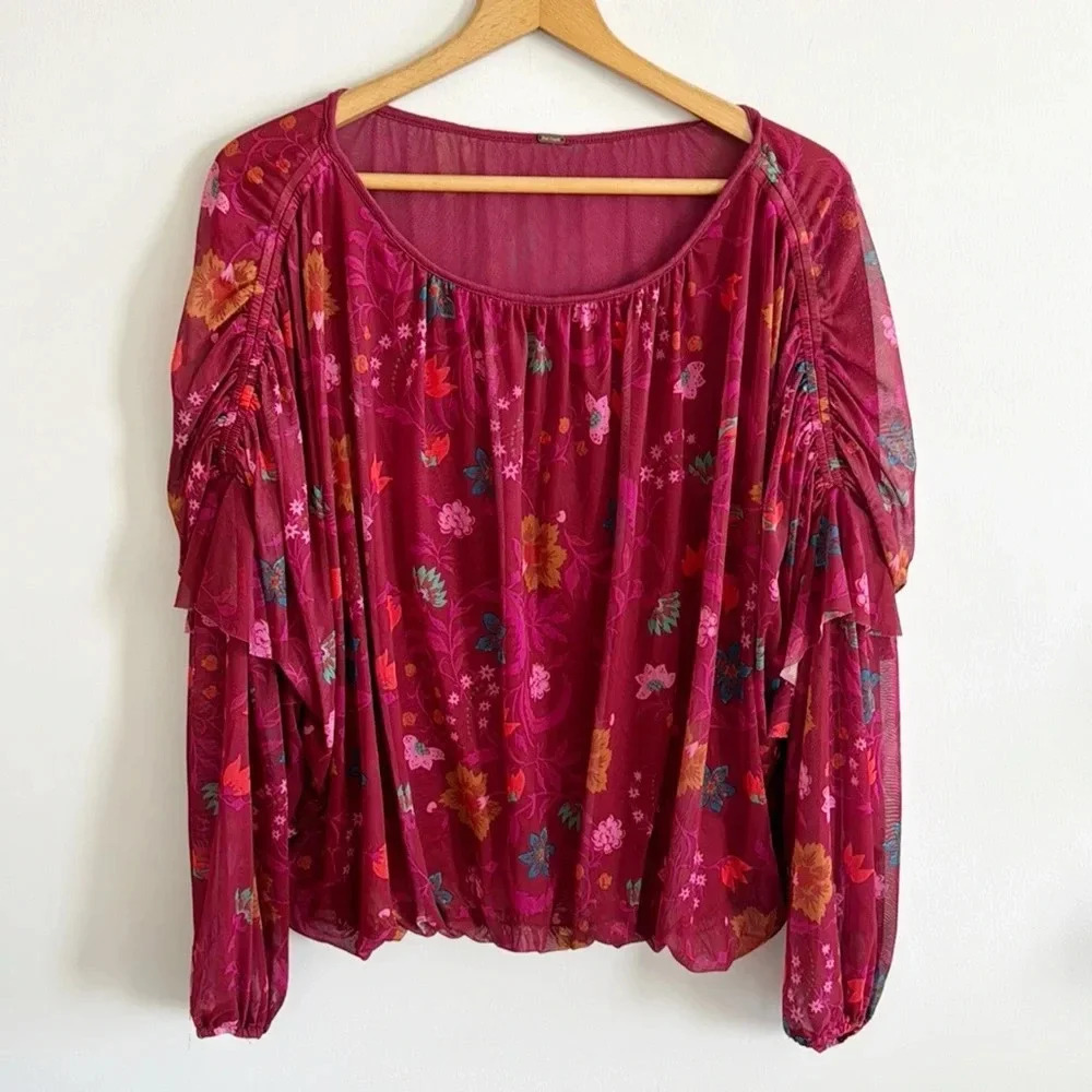 Free people floral maroon Boho ruffled top size large